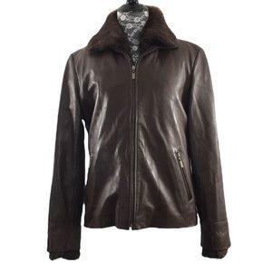Vtg Brown‎ Leather Jacket Women’s Medium Genuine Rabbit Hair Fur Zip Up Mob Wife